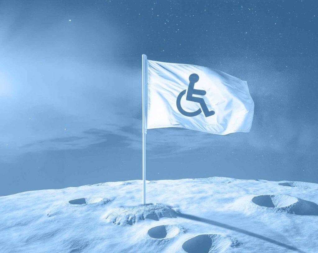 Flagge mit Rollstuhlsymbol auf dem Mond, das die Bedeutung von Barrierefreiheit im Web hervorhebt.