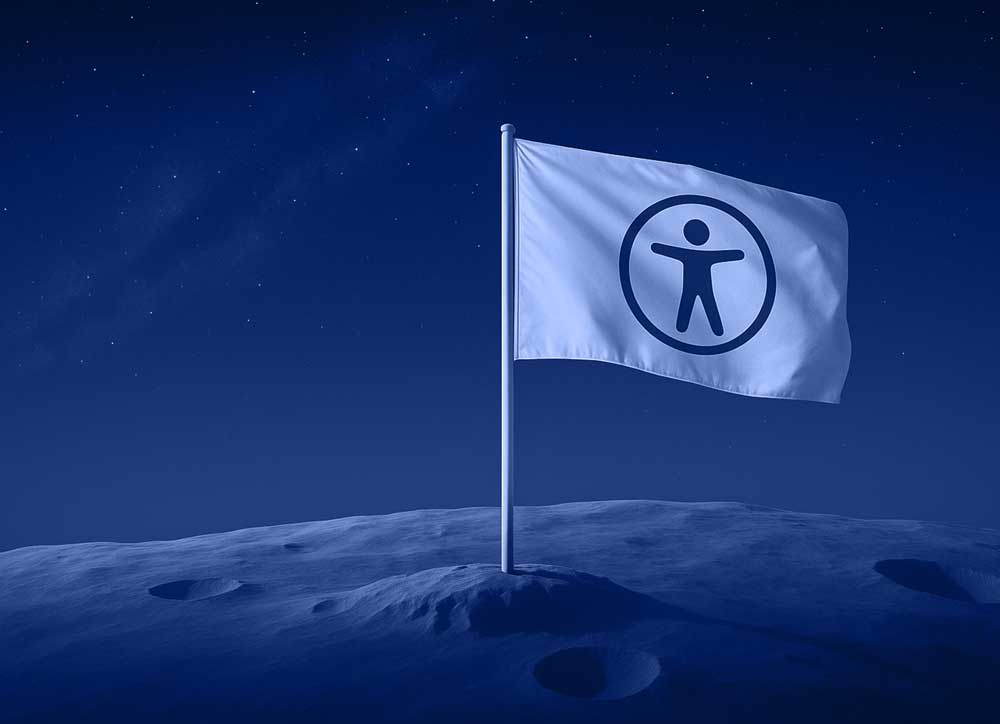 Flagge mit Rollstuhlsymbol auf dem Mond, das die Bedeutung von Barrierefreiheit im Web hervorhebt.