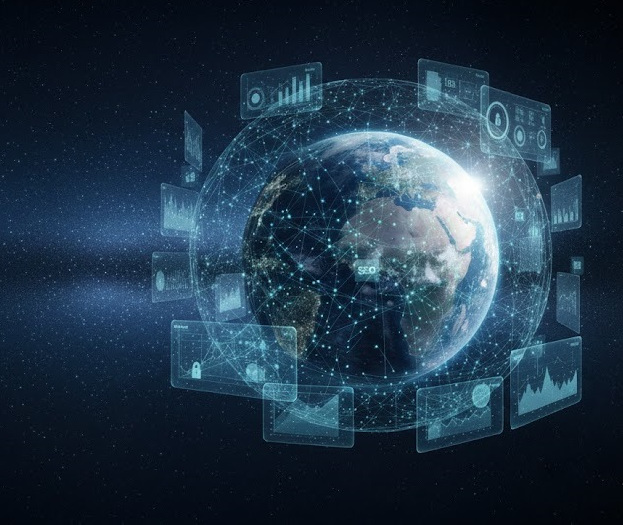 Die Erde umgeben von digitalen KI-Suchsystemen. Pfeffermond erklärt im Blogbeitrag Generative Engine Optimization und SEO.